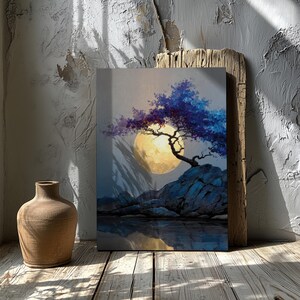 Moon Over Forest Cliff Wall Art Printable, Serene Night Landscape Painting with Tree Silhouette, Earthy Nature Decor, Download 950 image 4