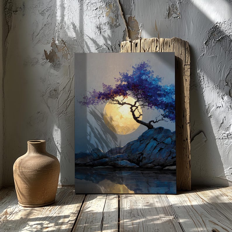 Moon Over Forest Cliff Wall Art Printable, Serene Night Landscape Painting with Tree Silhouette, Earthy Nature Decor, Download 950 image 4