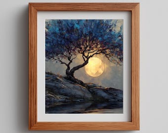 Full Moon Behind Tree Wall Art Printable, Earthy Nature Painting with Glowing Sky, Tranquil Landscape Decor, Digital Artwork 952