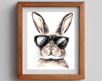Cool Bunny with Sunglasses Wall Art Printable, Funny Rabbit Portrait Painting, Whimsical Animal Lover Decor, Digital Bunny Art 225