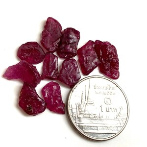 Peut inclure: Plusieurs pierres précieuses de rubis brutes et non taillées, de formes et tailles variées, d'un rouge profond. Une pièce thaïlandaise d'un baht est incluse pour l'échelle, indiquant la petite taille des pierres. Les pierres sont sur une surface blanche.