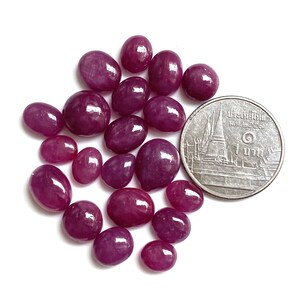 May include: A collection of oval-shaped, deep red gemstones, possibly rubies, are scattered on a white surface. A coin with Thai script and a pagoda design is next to the gemstones, providing a size reference.