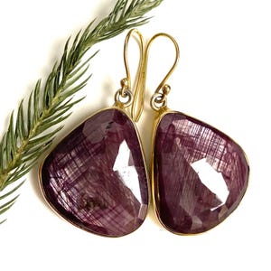 Può includere: Un paio di orecchini di rubino con ganci color oro. Gli orecchini presentano grandi pietre di rubino sfaccettate, di forma irregolare, con una tonalità rosso-viola intenso. Un rametto di fogliame verde è sullo sfondo.
