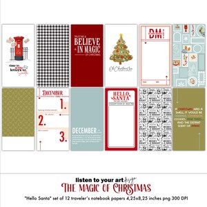 Pode incluir: Um conjunto de 12 papéis para cadernos de viagem com tema natalino. Os papéis apresentam vários designs, incluindo uma caixa de correio vermelha, uma árvore de Natal e o texto "Hello Santa". Cada papel mede 10,8 x 21 cm.