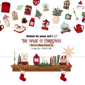 Könnte beinhalten: Eine digitale Illustration mit Weihnachtsmotiven wie Häusern, Ornamenten, einem Auto mit Baum und einem Kaminsims mit Büchern und Strümpfen. Der Text lautet "THE MAGIC OF CHRISTMAS" und "Believe in Magic element set".