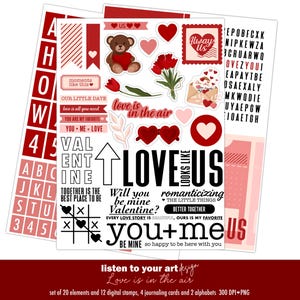 Puede incluir: Una colección de elementos digitales con temática de San Valentín. El diseño incluye corazones rojos, un oso de peluche, flores y frases como "Love is in the air" y "You + Me". También hay alfabetos y tarjetas de diario.