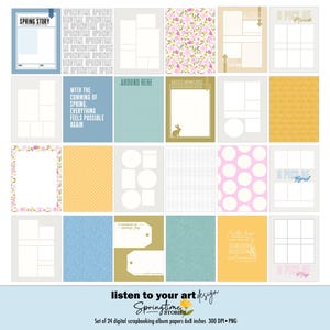 Op de afbeelding: Een set van 24 digitale scrapbook albumvellen, elk 15,24 x 20,32 cm. De vellen bevatten verschillende ontwerpen, waaronder bloempatronen, stippen en tekst zoals "Spring Story" en "Easter Memories". Het kleurenpalet omvat blauw, roze en geel.