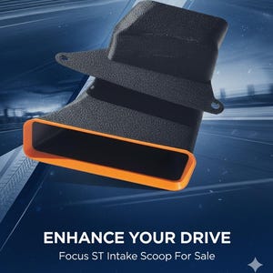May include: Black intake scoop with orange trim, featuring the Ford Performance logo. The text "Enhance Your Drive" and "Focus ST Intake Scoop For Sale" are displayed below the scoop. The background is a dynamic blue.