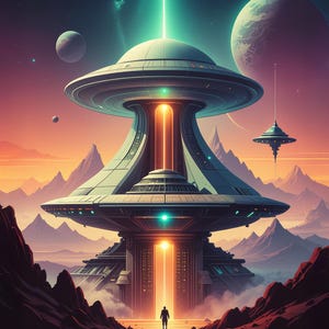 Può includere: Arte digitale di una città futuristica con una grande astronave a più livelli che emette un raggio di luce verde. La scena include una figura silhouette, pianeti e montagne sotto un cielo colorato, evocando un tema di fantascienza.