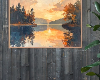 Lago calmo al tramonto – Poster di paesaggio tranquillo con riflessi / Arte murale naturalistica