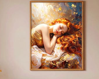 Redhead Portrait Poster – Golden Oil Painting Style | Dreamy Fine Art Print