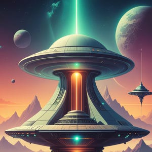 Retro scifi-poster uit het atoomtijdperk – vintage ruimteavontuurkunst