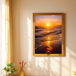 Golden Sunset Beach – Fine Art Seascape Poster | Glowing Waves & Shore Reflections