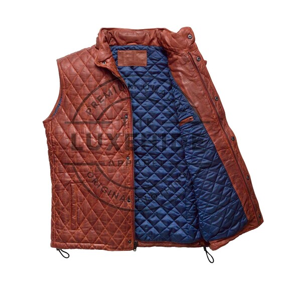 Men’s Quilted Cowhide Leather Vest Brown Sleeveless Puffer Jacket Handmade Winter Body Warmer