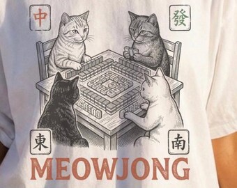 Meowjong Cat Tee| Funny Cat Mahjong T shirt | Cat Mahjong Lover Graphic T-Shirt