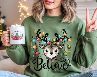 Camisa navideña Believe para mujer, diseño de suéter, tallas grandes