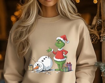 Sudadera navideña con el Grinch y el muñeco de nieve - Cuello redondo navideño
