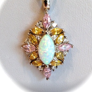 Sterling Silver White Opal Diamond Pink Sapphire and Citrine Estate Jewelry Pendant Necklace