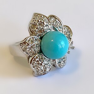 Turquoise and Diamond Flower Ring Blue Stone White Stone Flower Ring Multi Stone Ring