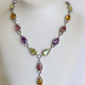 Sterling Silver Large Stone Multi Color Pink Sapphire Peridot Citrine Amethyst and Pave Estate Necklace Formal Necklace Fancy Necklace