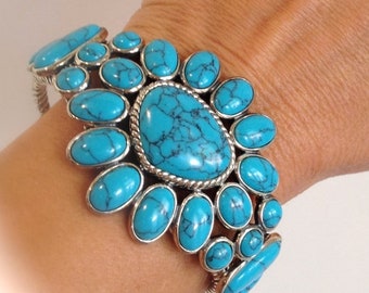 Sterling Silver Turquoise Cuff Bracelet Blue Multi Stone Navajo Southwest Bracelet