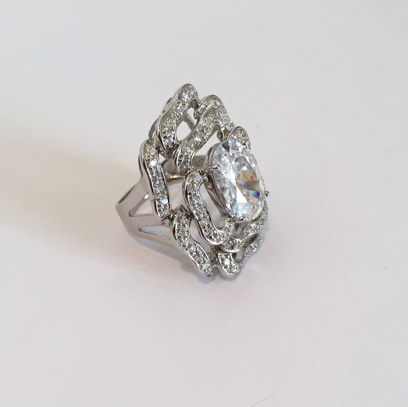 Sterling Silver Large Stone Cocktail Ring White Stone Ring Pave Ring Estate Ring Openwork Ring Rose Ring Statement Ring
