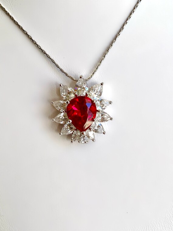 Sterling Silver Ruby Diamond Sunburst Pendant Pea… - image 1