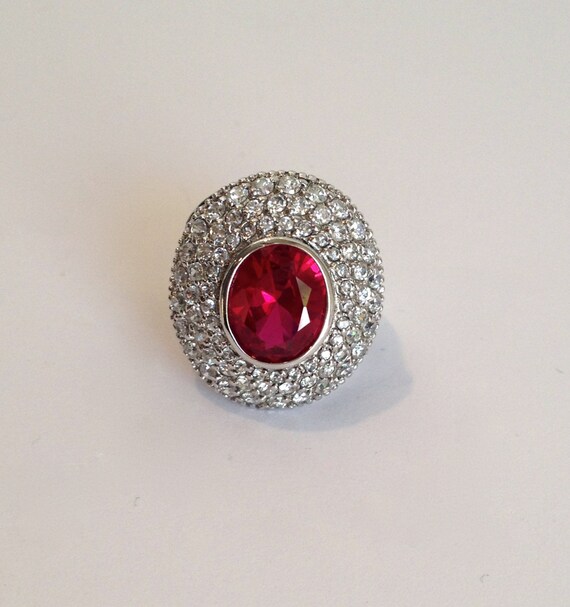 Sterling Silver Large Stone Ruby and Pave Diamond… - image 1