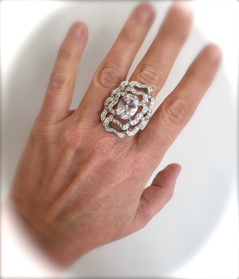 Sterling Silver Large Stone Cocktail Ring White Stone Ring Pave Ring Estate Ring Openwork Ring Rose Ring Statement Ring