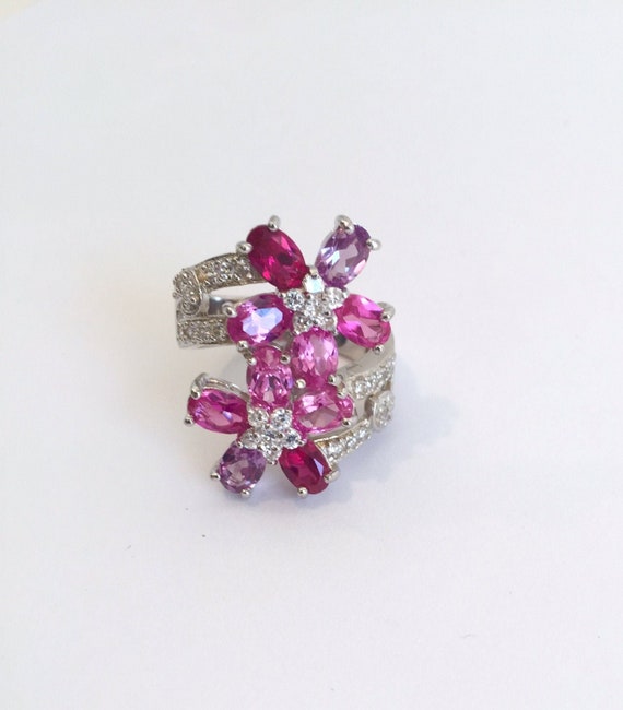 Sterling Silver Pink Sapphire Amethyst and Pave F… - image 1