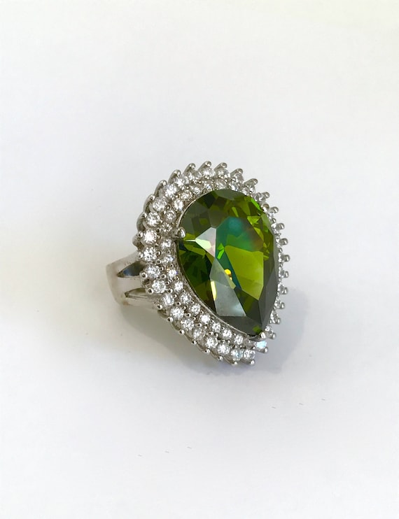 Emerald Green Pear Double Halo Estate Ring Green S