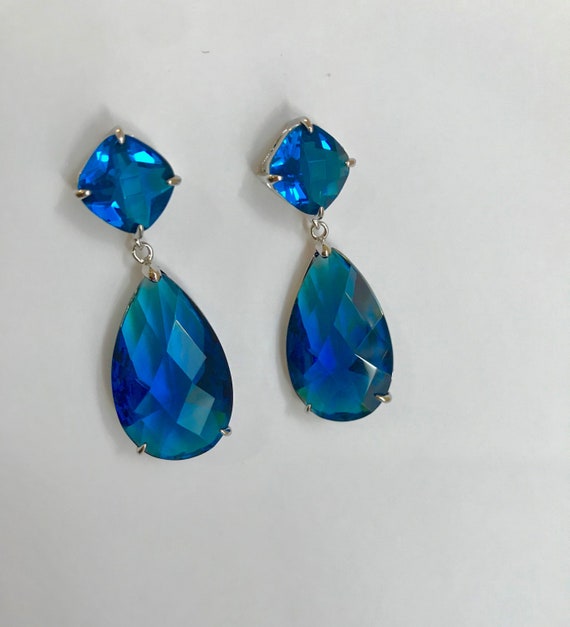 Vintage Style Black /& Blue Stone Long Drop Dangly Earrings ~ Turquoise Agate