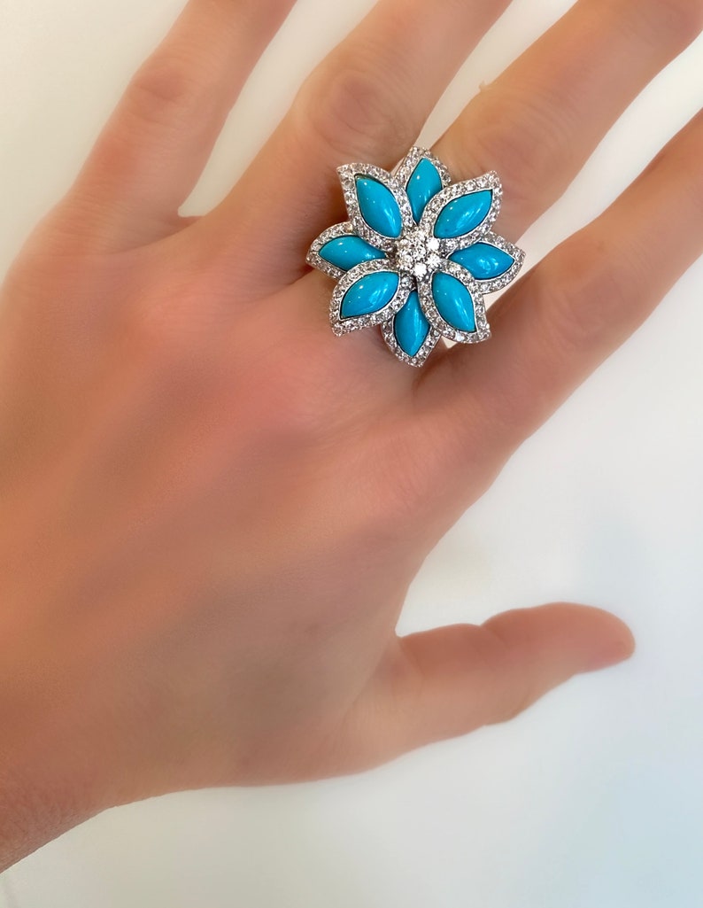 Turquoise and Pave Flower Ring Blue Stone Estate Ring Multi Stone Ring Turquoise Blossom Blue and White Stone Ring
