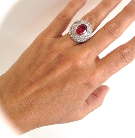 Sterling Silver Large Stone Ruby and Pave Diamond… - image 2