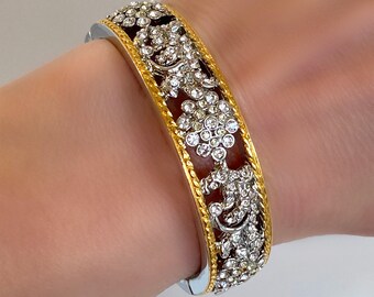 Gold Crystal 2 Tone Hinged Bracelet Multi Stone Bangle White Stone Gold and Silver Bracelet