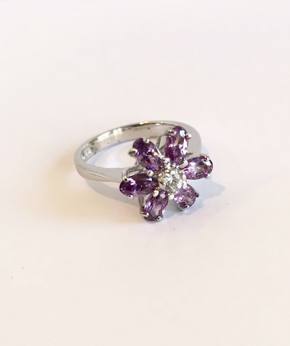 Sterling Silver Amethyst Ring Purple Sapphire Whit