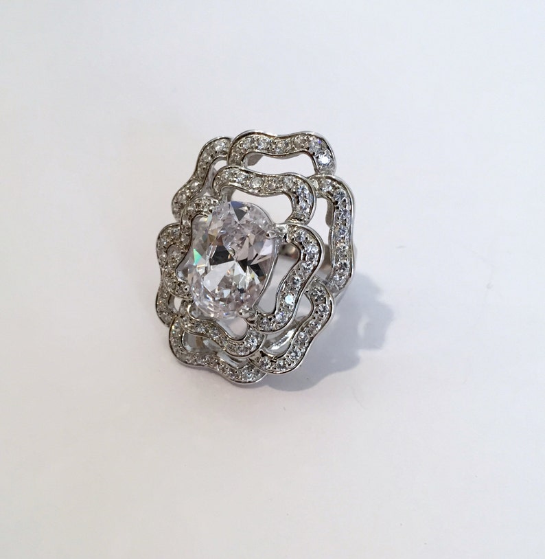 Sterling Silver Large Stone Cocktail Ring White Stone Ring Pave Ring Estate Ring Openwork Ring Rose Ring Statement Ring