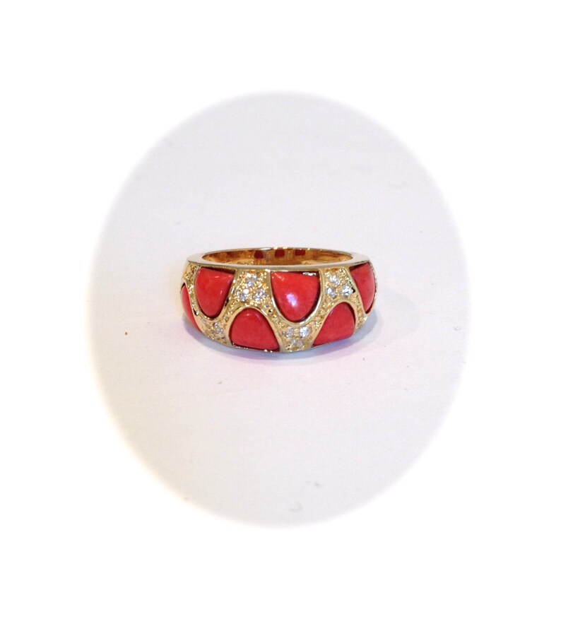 Vintage Gold Vermeil Red Coral And Pave Estate Jewelry Ring Inlay Ring Inlaid Ring Coral Ring Red Stone Pave Ring