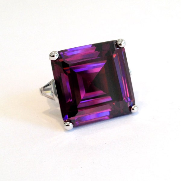 Vintage Sterling Silver Amethyst Purple Sapphire 3 Stone Estate Ring Purple Stone Ring Large Stone Ring Step Cut Ring Emerald Cut Ring