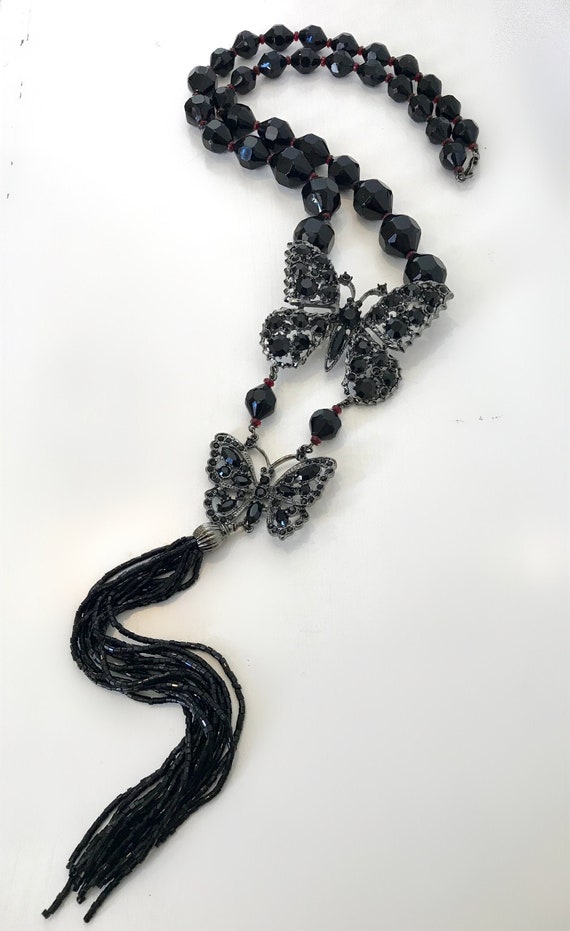 Super Long Jet Beaded Butterfly Necklace Long Blac