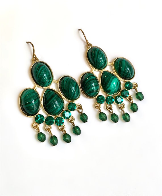 Malachite and Emerald Gold Estate Earrings Green S
