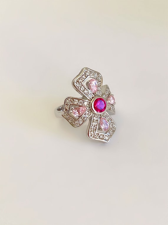 Silver Pink Sapphire Multi Gemstone and Pave Shiel