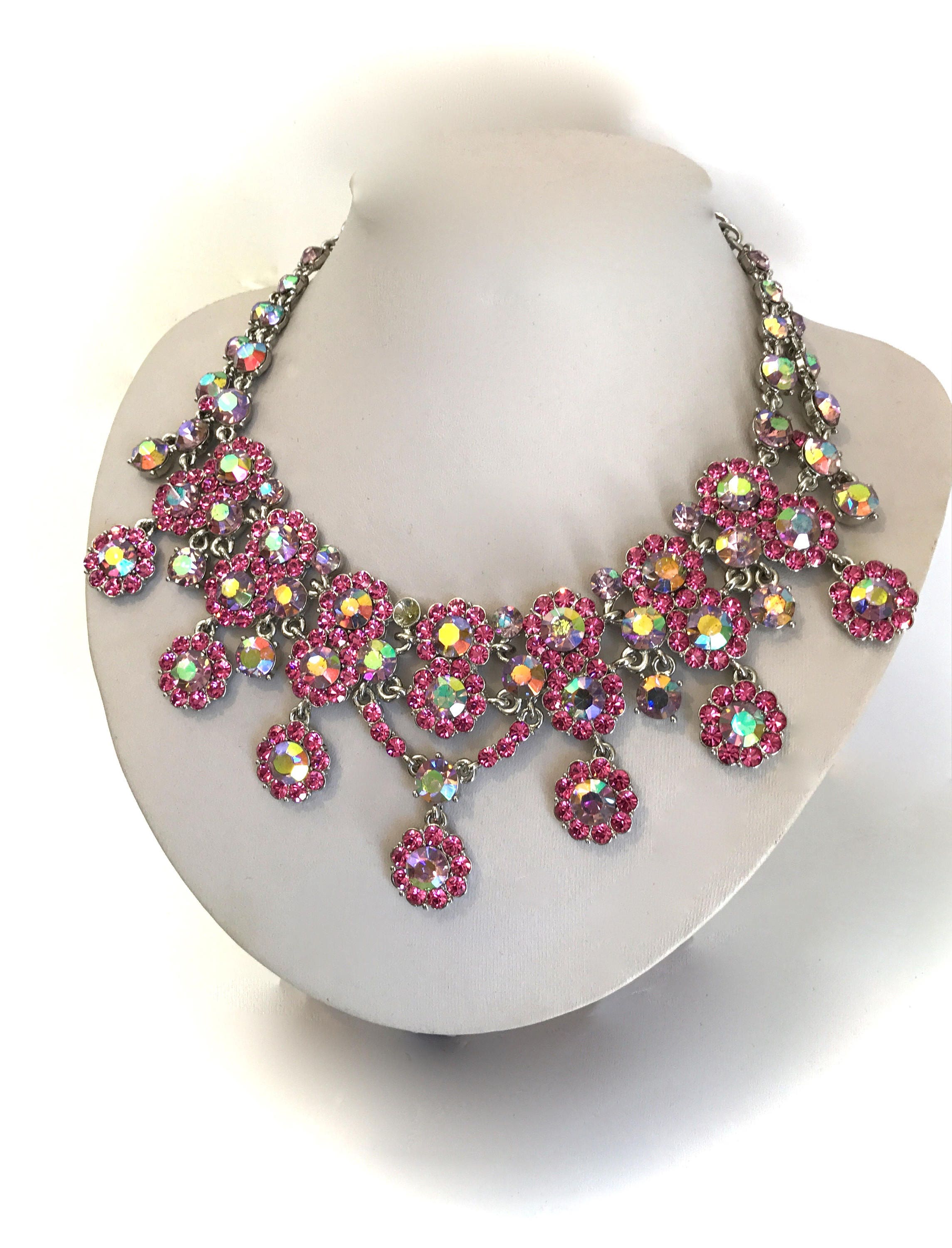 NEW Gorgeous AB Aurora Borealis /& Clear Crystal Floral Statement Necklace Set