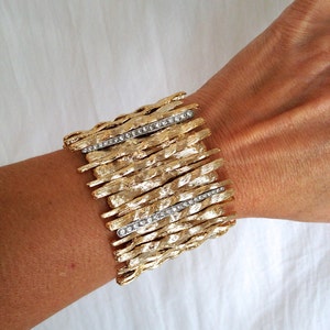 Brushed Gold and Hammered Gold and Pave Cuff Bracelet White Stone Gold Statement Bracelet Stretch Bracelet