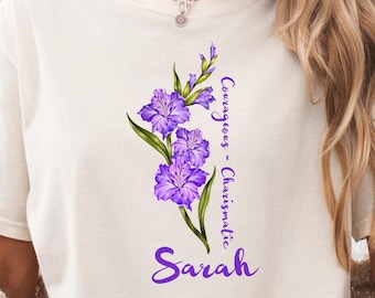 Camiseta personalizada com flor de nascimento de agosto, modelo Gladíolo Comfort Colors, presente com nome personalizado