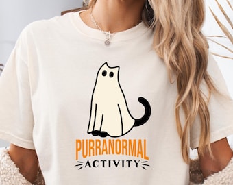 Camiseta Purranormal Activity, Camiseta divertida Comfort Colors com estampa de gato fantasma, Presente perfeito para amantes de gatos no Halloween