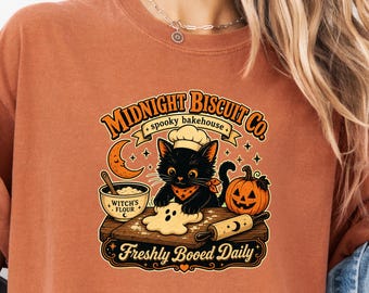Camiseta Midnight Biscuit Co, Camiseta Comfort Colors Gato Preto Halloween, Presente Assustador de Padaria