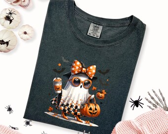 Komfort Farben Halloween Geist Shirt, süßes gruseliges T-Shirt, Damen Herbst Shirt, lustiges Geist Top, gemütliches Halloween Geschenk Shirt