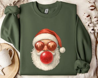 Moletom Papai Noel com estampa de chiclete, Suéter natalino divertido, Blusa de gola redonda fofa de Papai Noel, Camiseta natalina com estampa de chiclete, Suéter aconchegante de inverno para o Natal