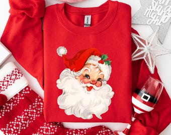 Moletom retrô do Papai Noel, Moletom vintage de Natal, Suéter fofo de Natal com o Papai Noel, Moletom feminino de Natal com gola redonda, Camiseta retrô aconchegante de Natal